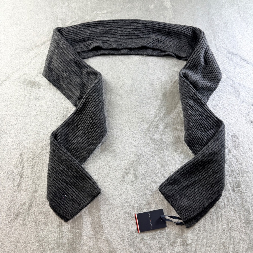 Tommy Hilfiger Ribbed Scarf Charcoal Grey Cotton Cashmere AM06546 020 OS